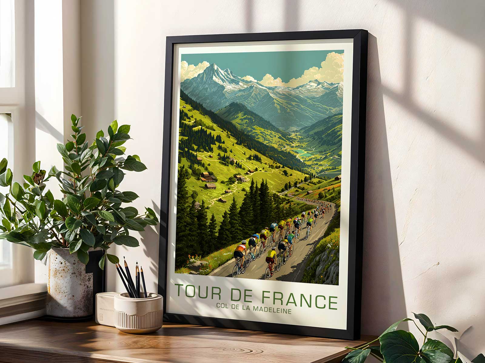 Stylized poster of a cyclist looking ahead and slightly upward while climbing, face set in concentration and endurance on a…