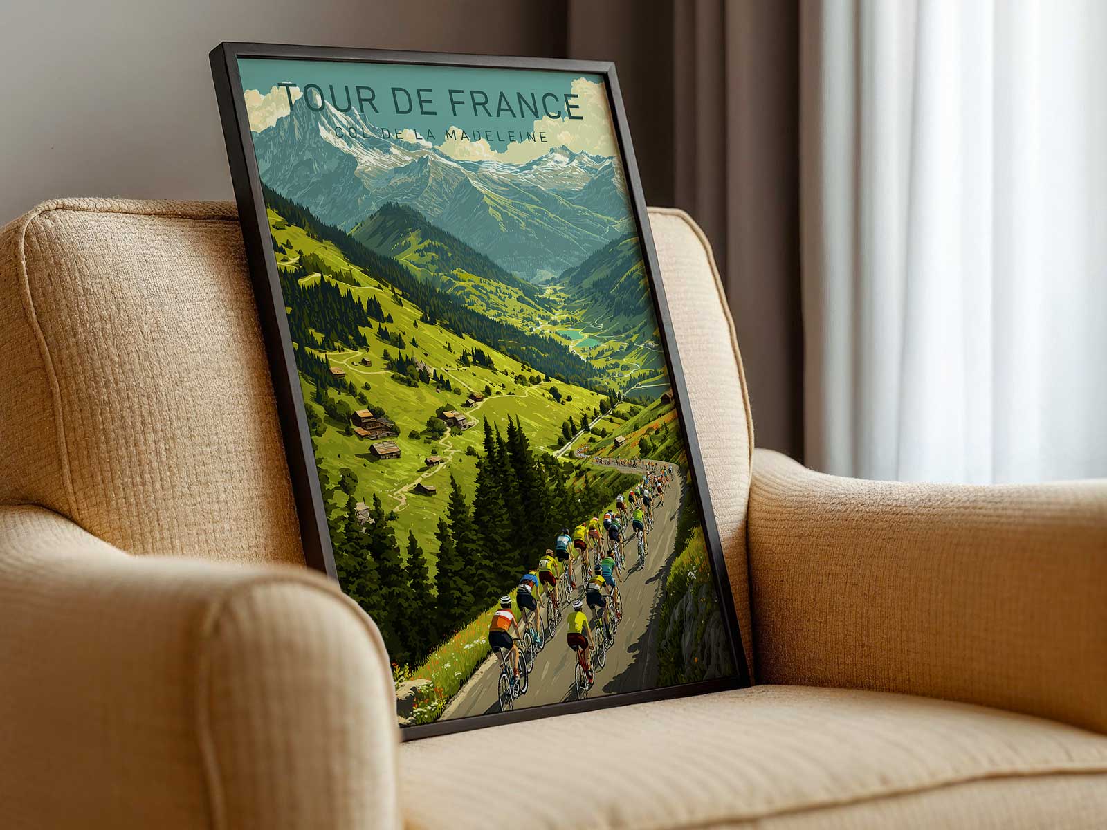 Poster detail of a cyclist gripping the handlebars with tense hands and bent elbows, conveying controlled fatigue and…