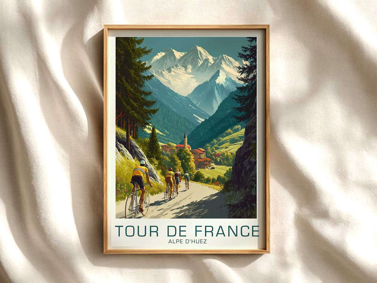 Alpe d’Huez Hairpins in Vintage Bicycle Art cycling poster displayed as elegant bike racing wall art