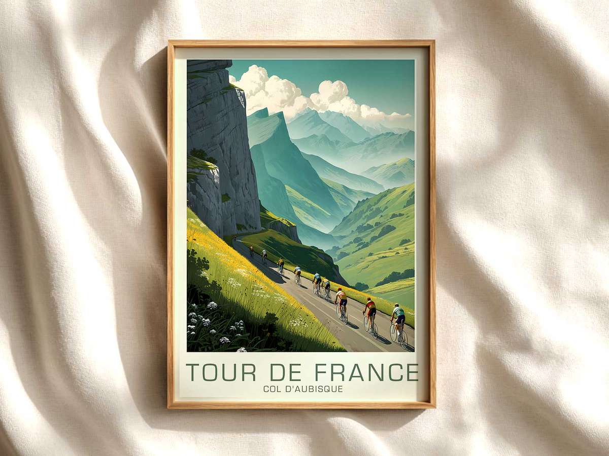 Aubisque Climbers Surge — Dramatic Bicycle Art Print cycling poster displayed as elegant bike racing wall art