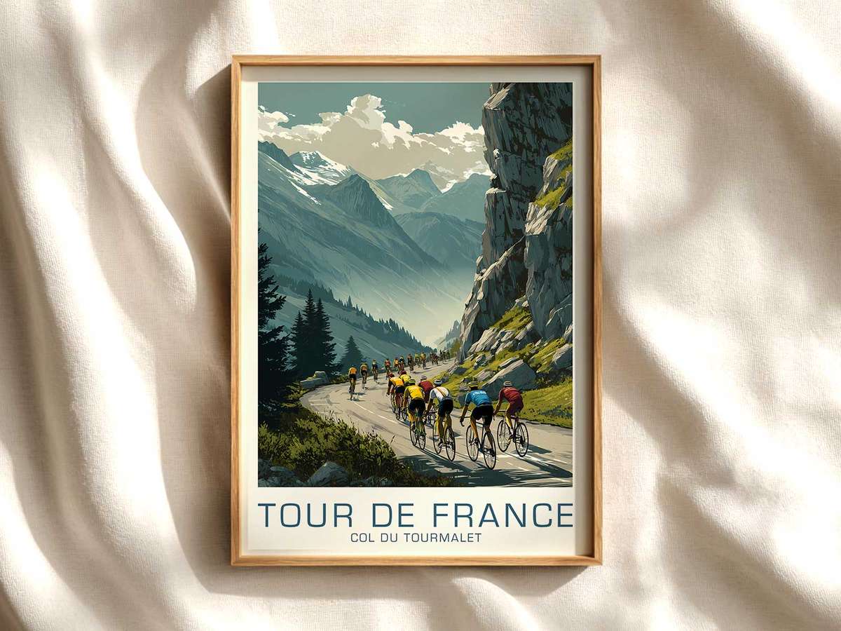 Tourmalet Poster Close-Up: Focused Rider cycling poster displayed as elegant bike racing wall art