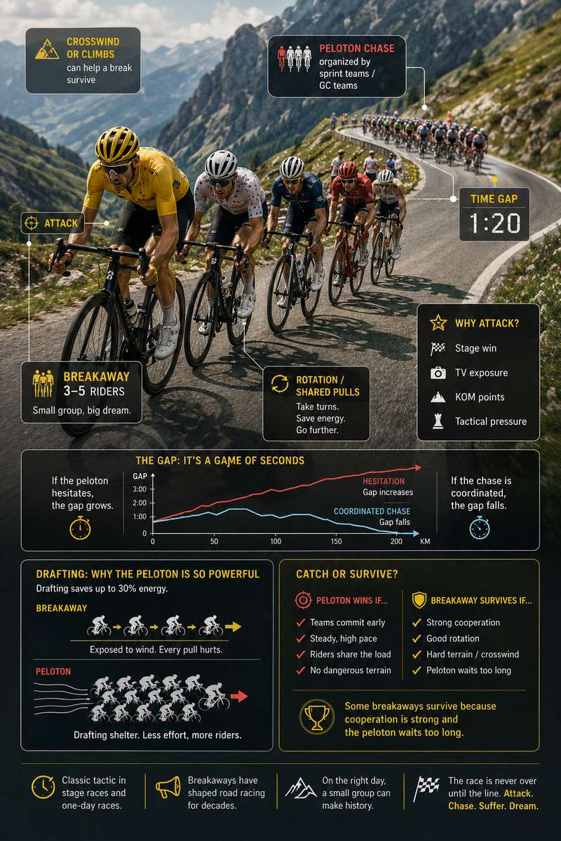 Two riders working together ahead of the main group in a small breakaway