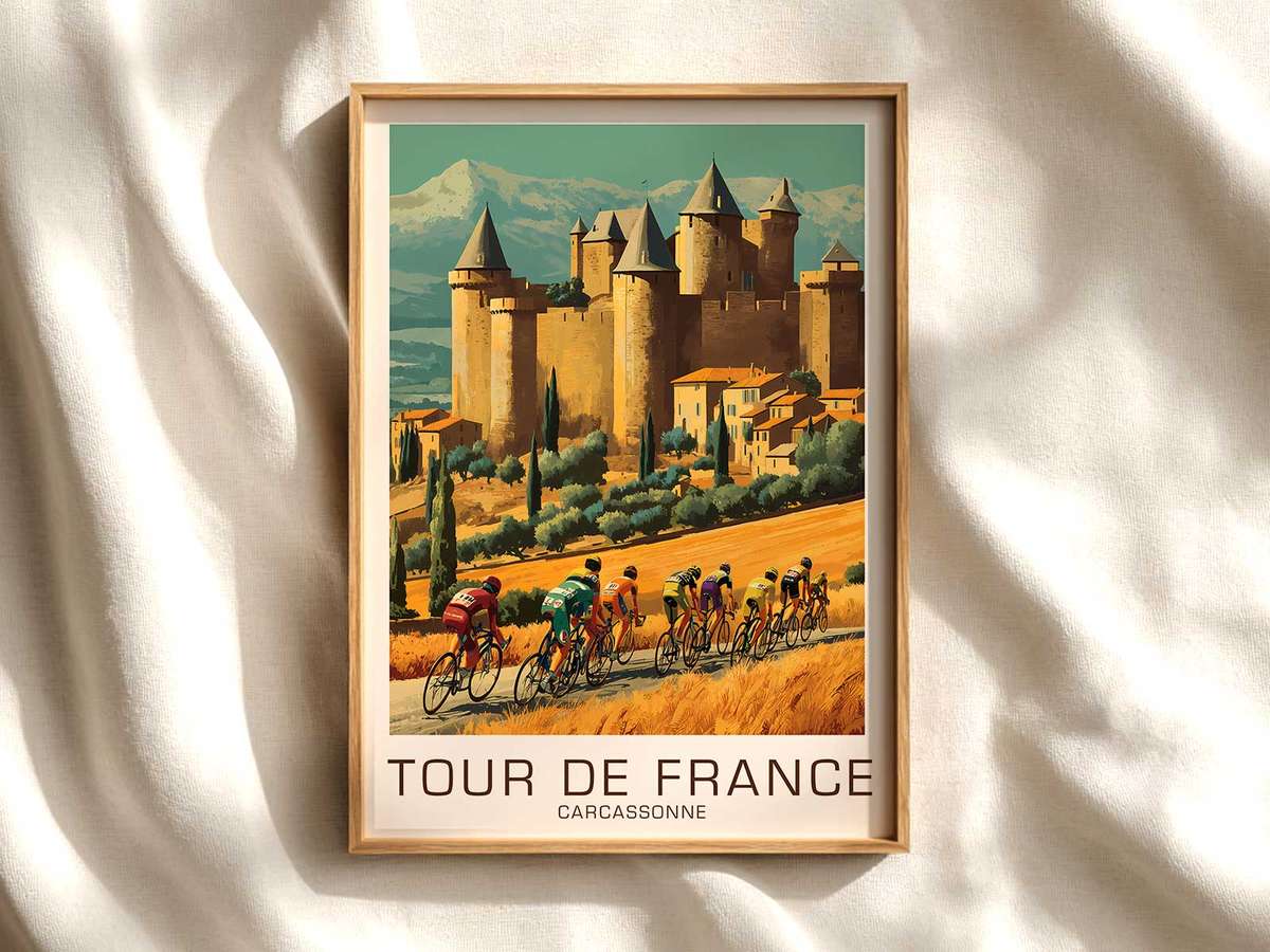 Full view of Carcassonne vintage bicycle print cycling poster displayed as elegant bike racing wall art