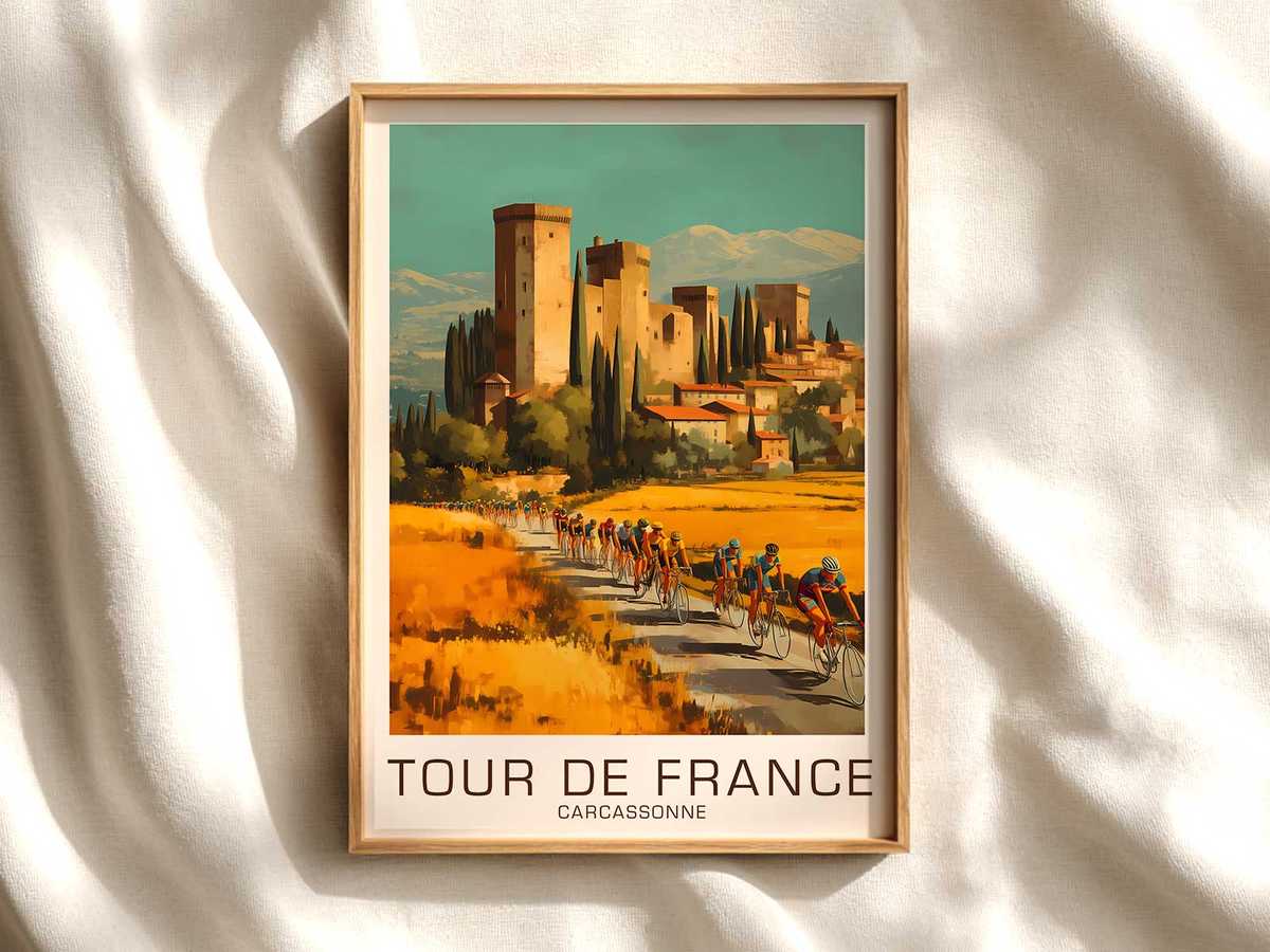 Bicycle Silhouette Against Carcassonne Wall cycling poster displayed as elegant bike racing wall art