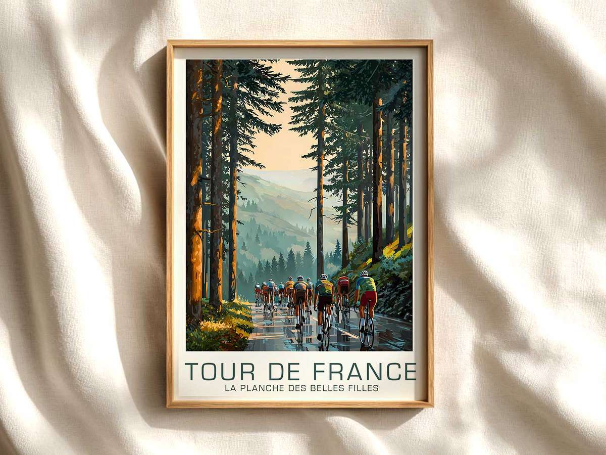 La Planche des Belles Filles summit poster — vintage climb scene cycling poster displayed as elegant bike racing wall art