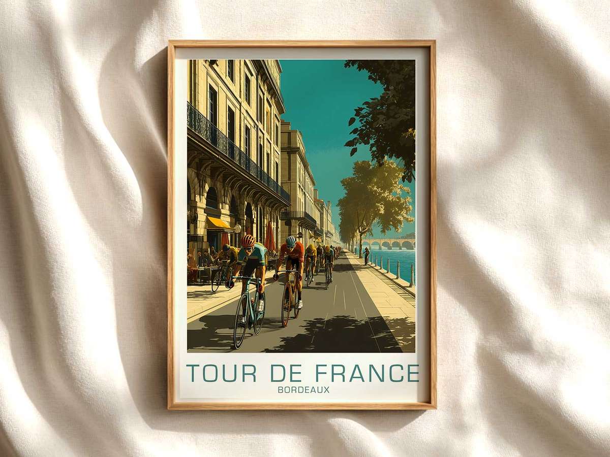 Riverbank Peloton on the Garonne cycling poster displayed as elegant bike racing wall art