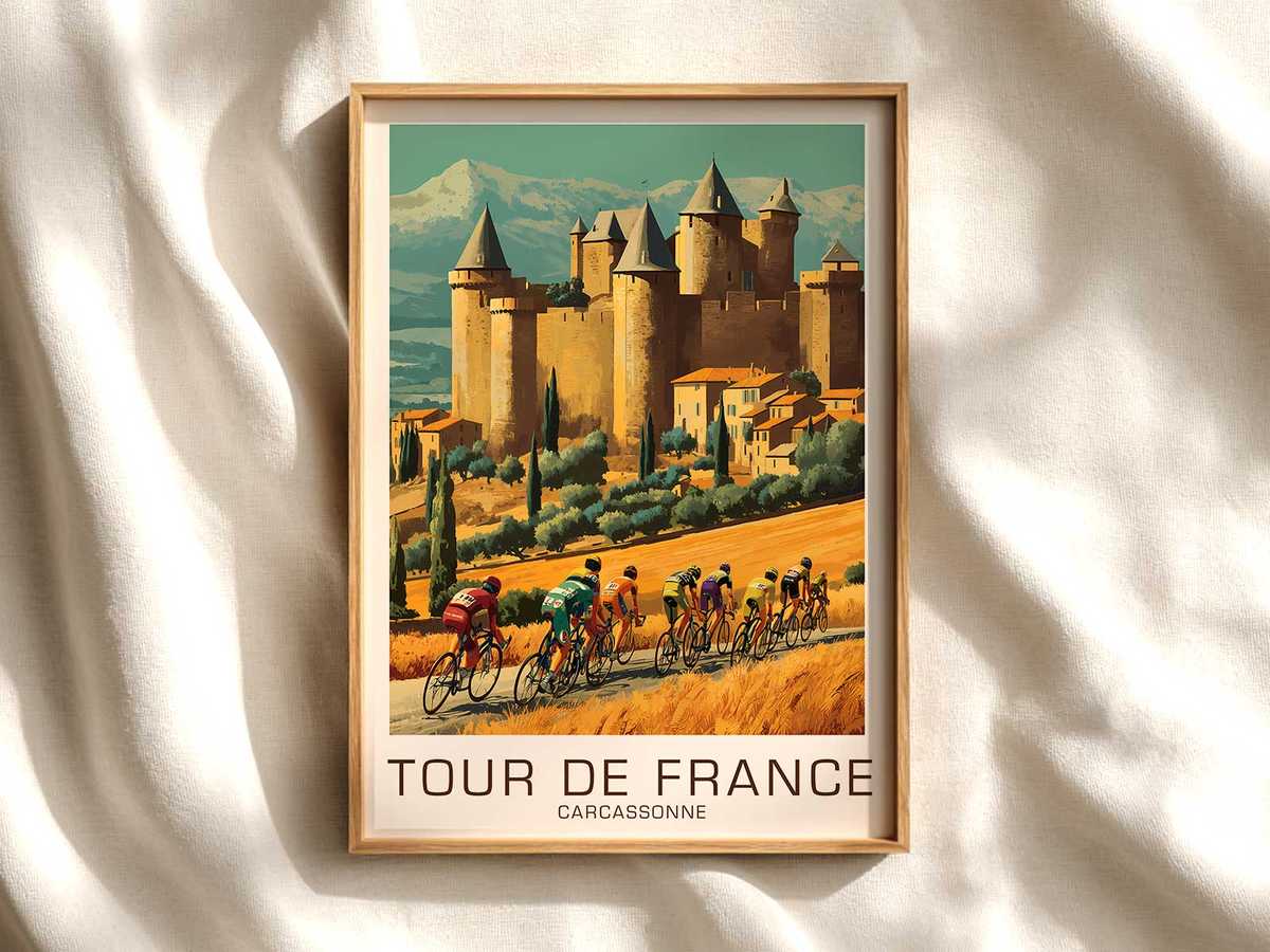 Full view of Carcassonne vintage bicycle print cycling poster displayed as elegant bike racing wall art
