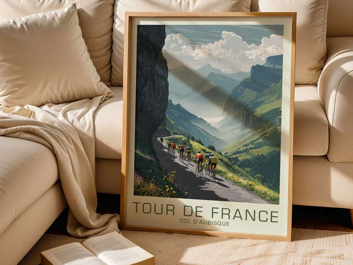 Retro poster showing a lone cyclist ascending in shadow, small against the mountain to stress endurance and drama