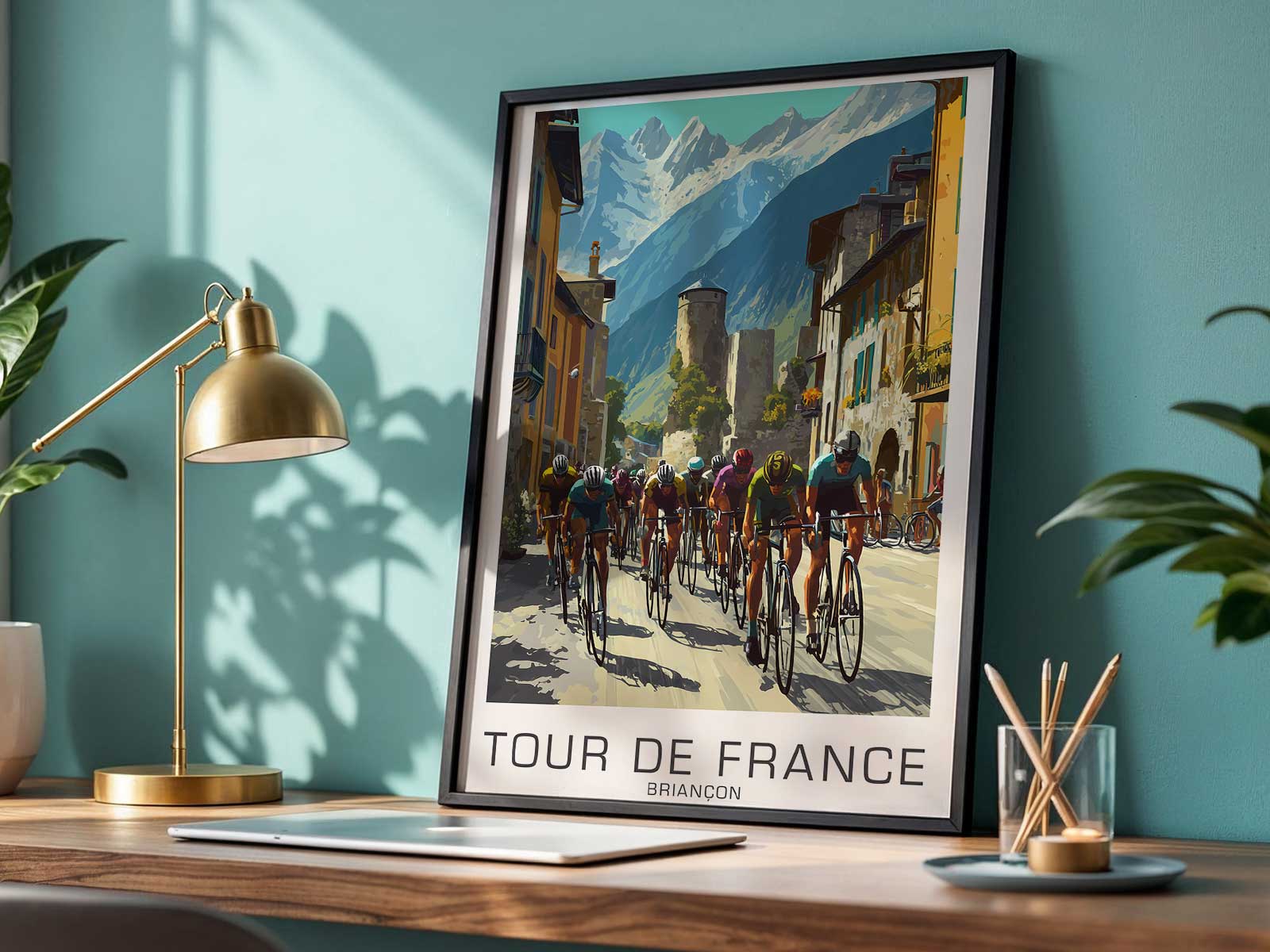 Stylized cyclist figure in the foreground with Briançon landscape motifs behind, from a vintage poster
