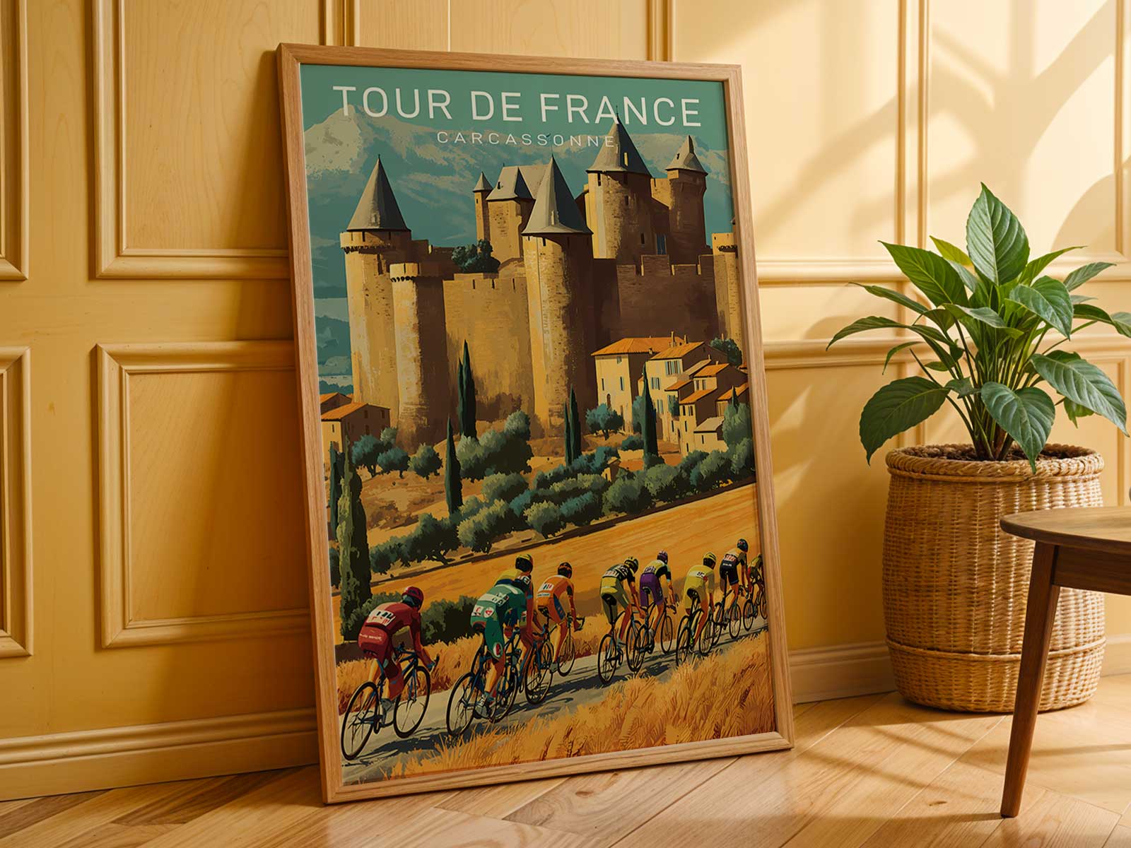 Detail of the cyclist figure in a vintage jersey and leather helmet against the Carcassonne skyline