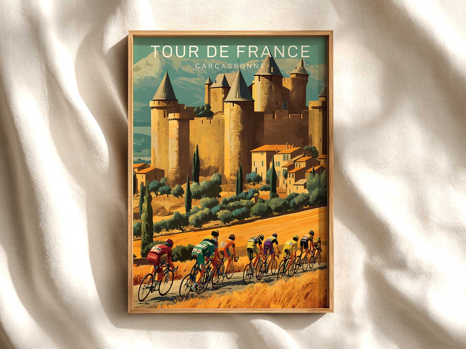 Stylized cyclists depicted in motion on the poster, captured with mid-century graphic lines and bold color blocks