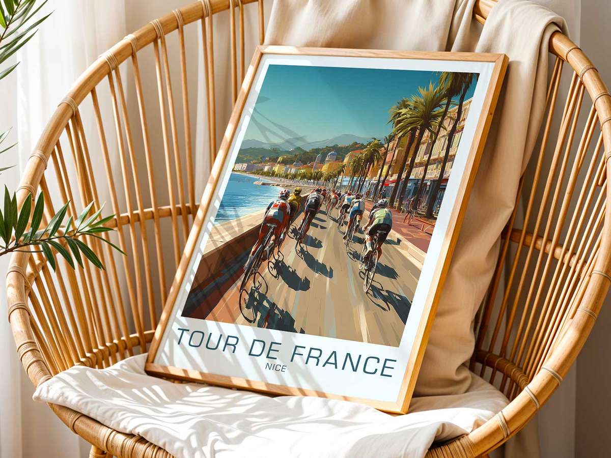 Silhouette of cyclists against a stylized Nice skyline from the vintage Tour de France poster