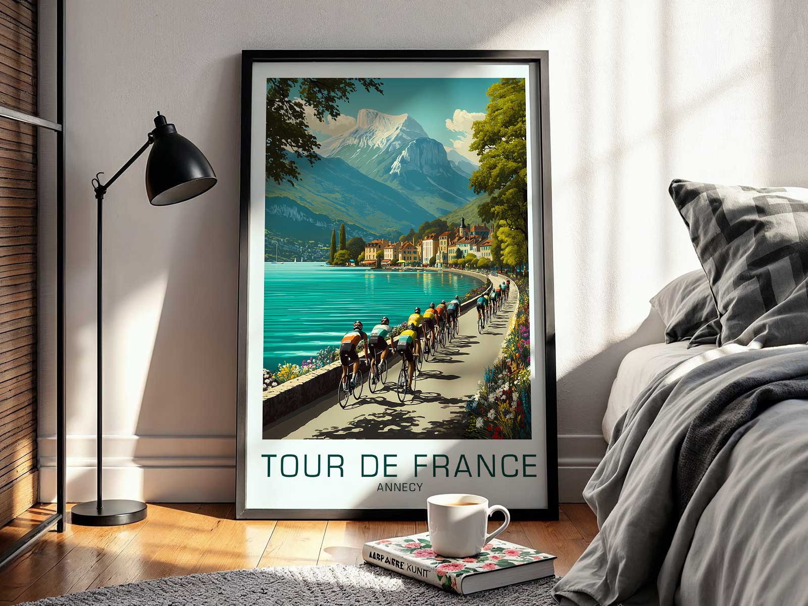 Minimalist silhouette of a classic racing bike set against a textured archival background for decorative display