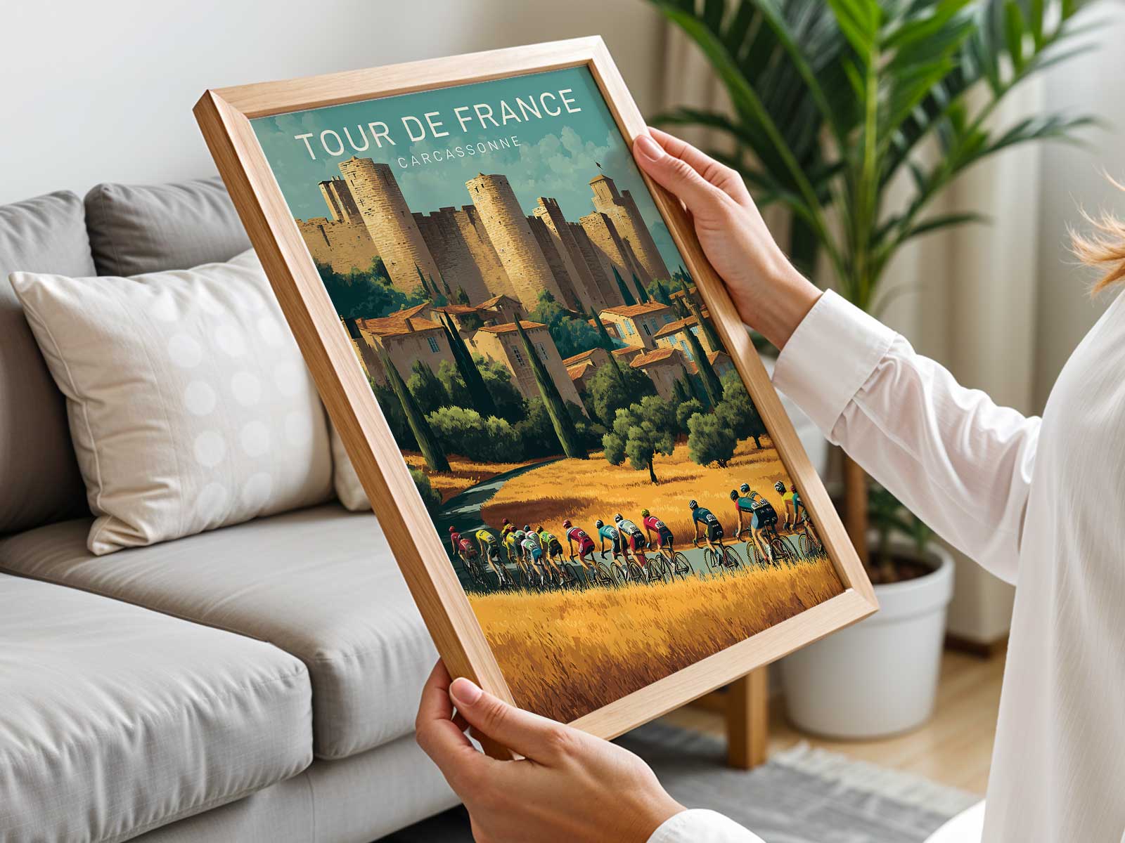 Ornate decorative border framing a Carcassonne-inspired Tour de France poster with period typography