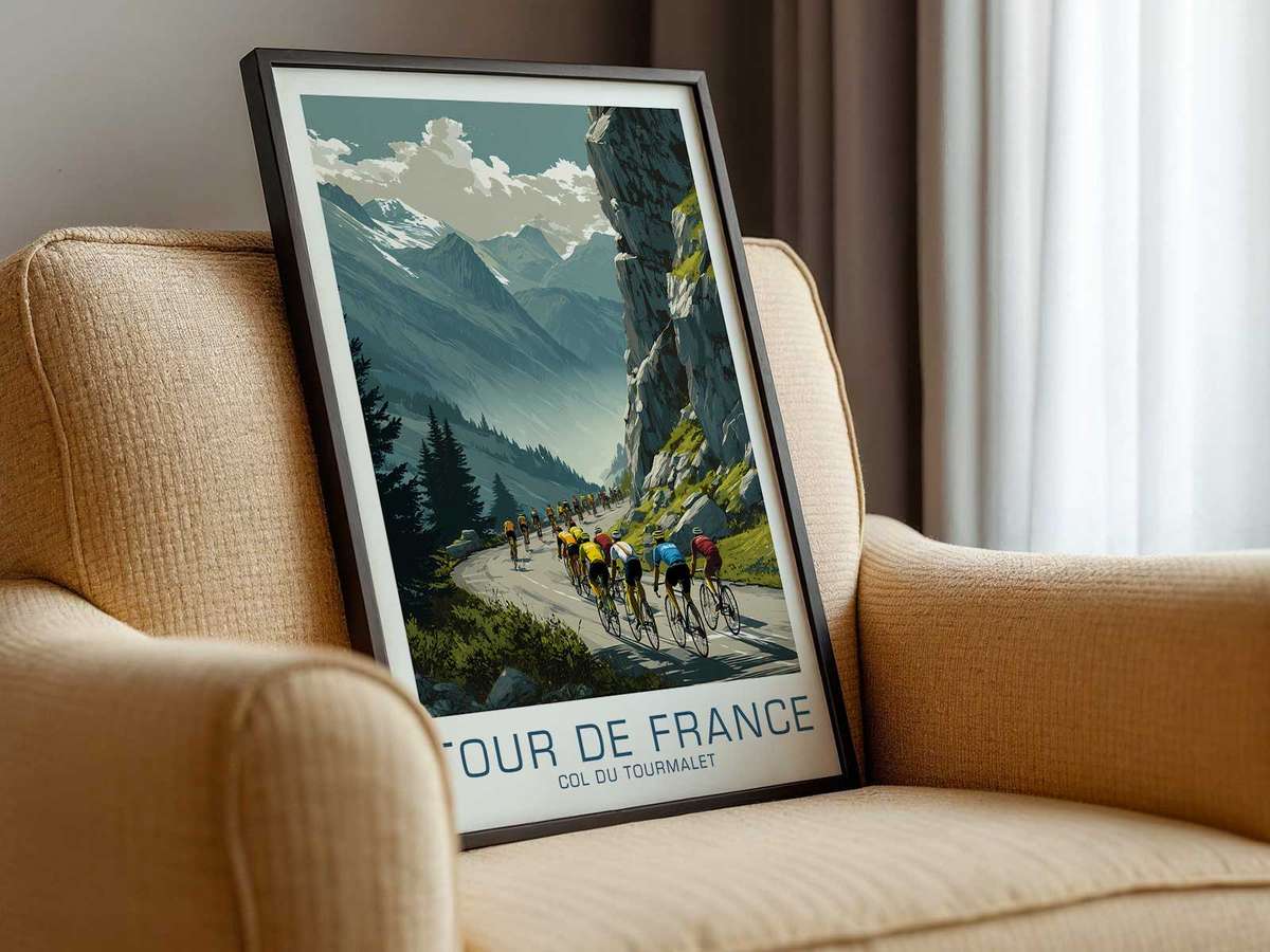 Technical descent from the Tourmalet with tight turns, stone walls and descending riders braking into a corner