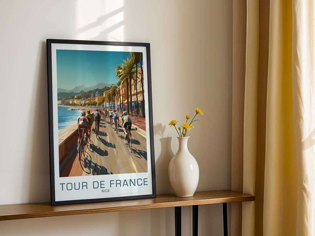 Detail of vintage typography and poster lettering that frames the Tour de France Nice design