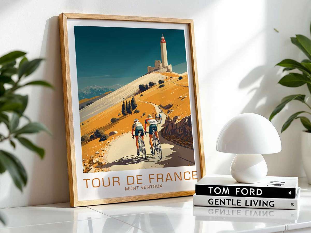 A distant peloton approaches over a crest on Mont Ventoux, tiny figures against a vast sky suggesting suspense as the gap…