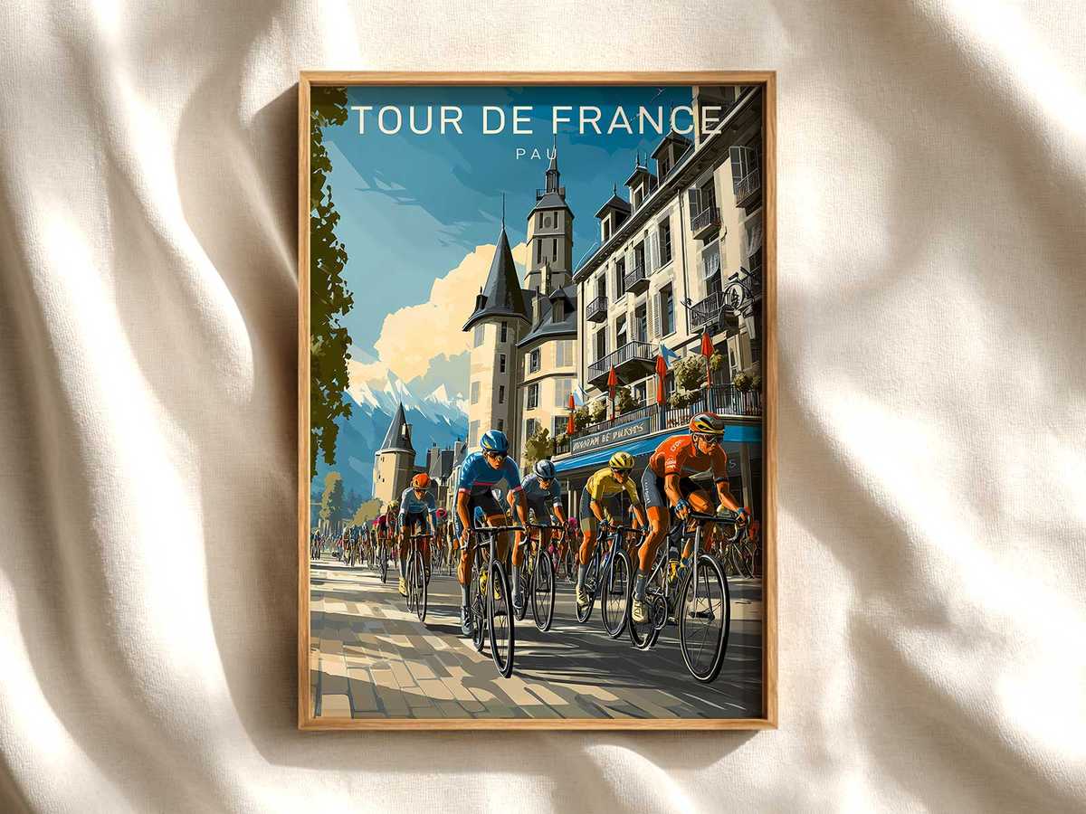 Narrow historic street in Pau with a steady climb, limestone facades and a rider rounding a corner