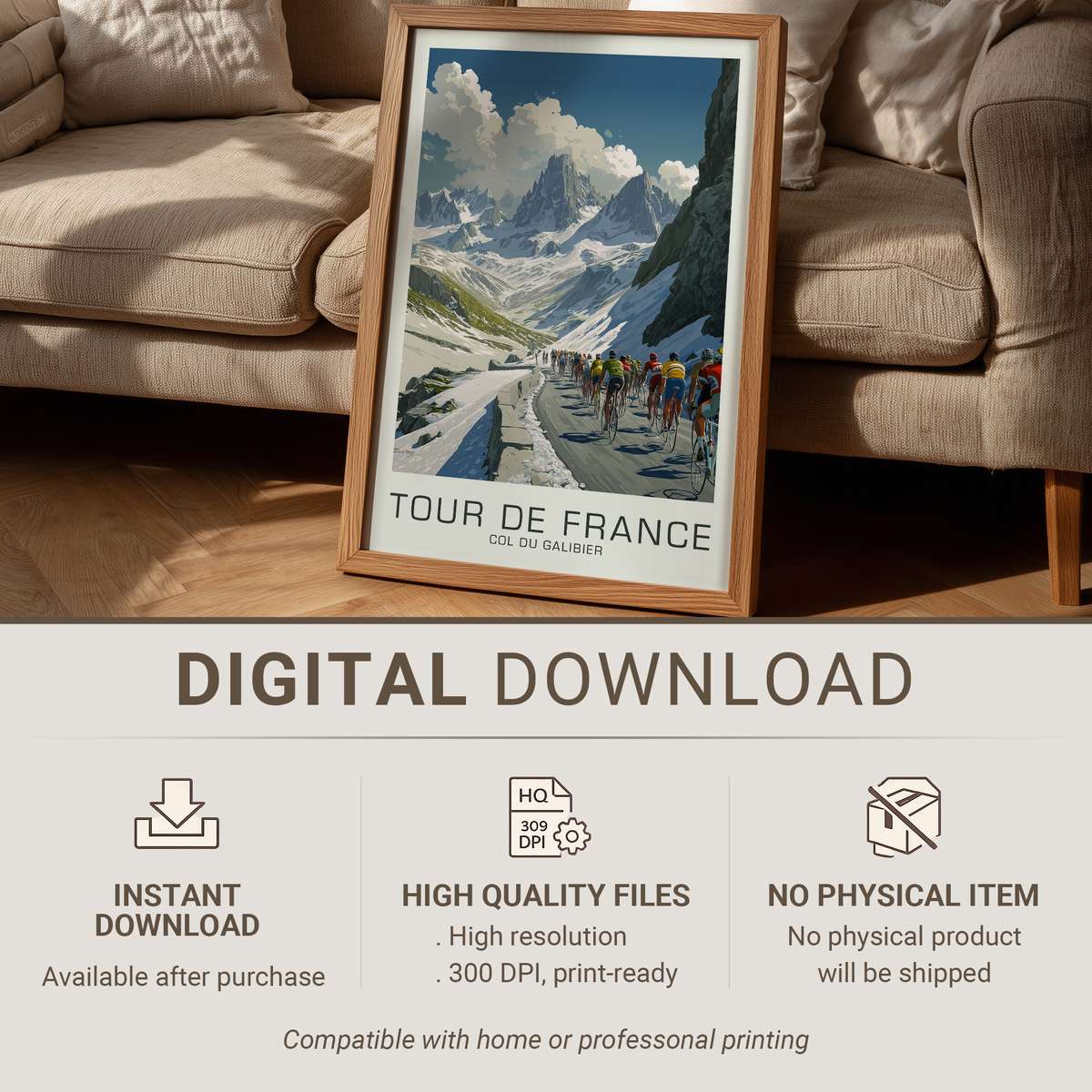 Poster showing Eddy Merckx riding up the Col du Galibier with winding road, high peaks and dramatic sky