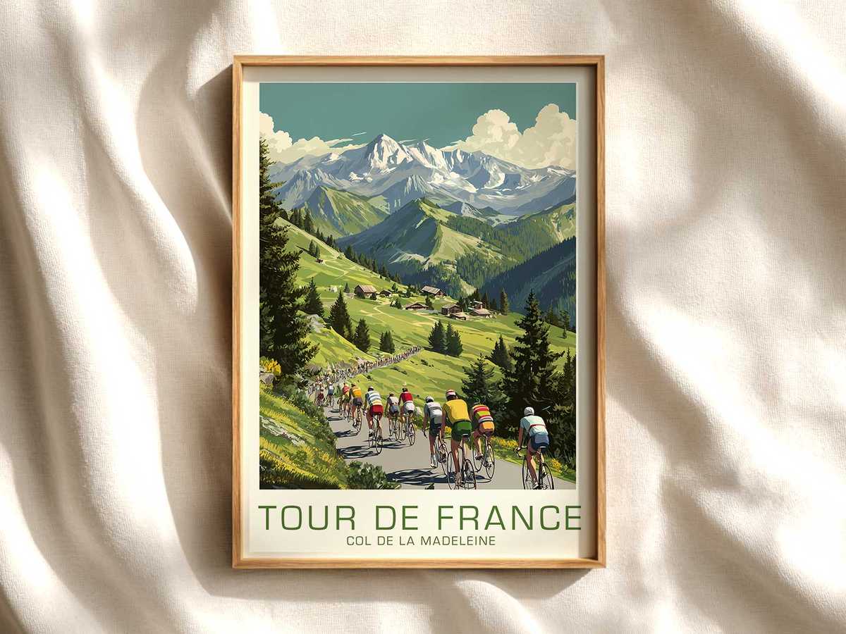 Graphic poster view of Col de la Madeleine approaching the summit with winding road and lone cyclist silhouette