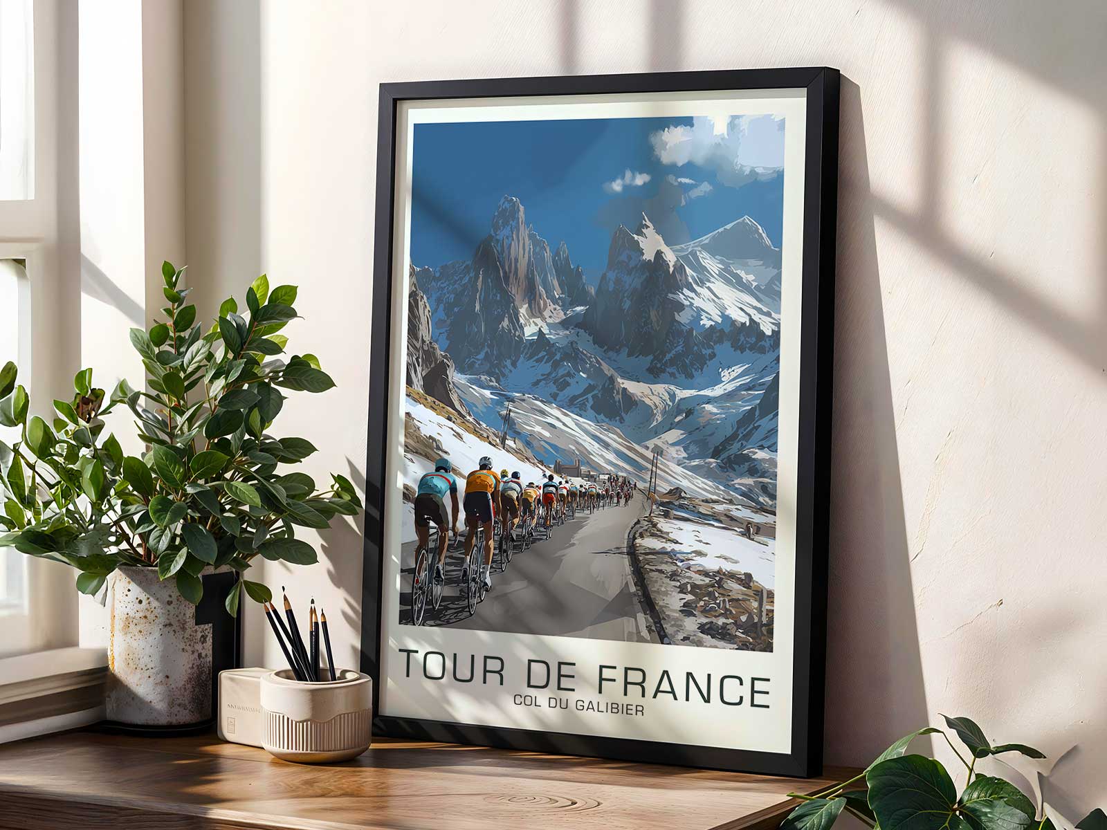 Retro poster showing warm dawn light breaking over Galibier slopes, casting long shadows and dramatic contrast