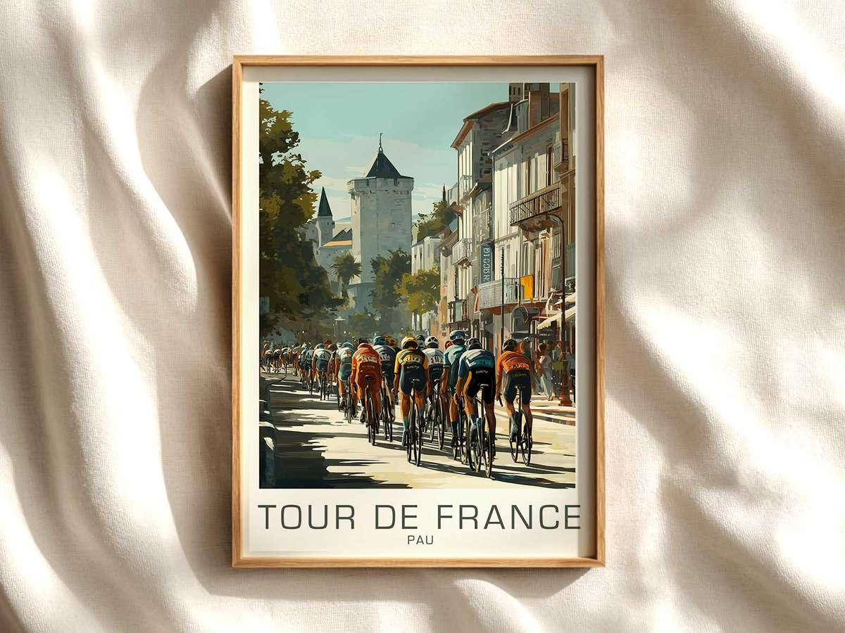 Pau Vintage Poster with Archival Texture cycling poster displayed as elegant bike racing wall art