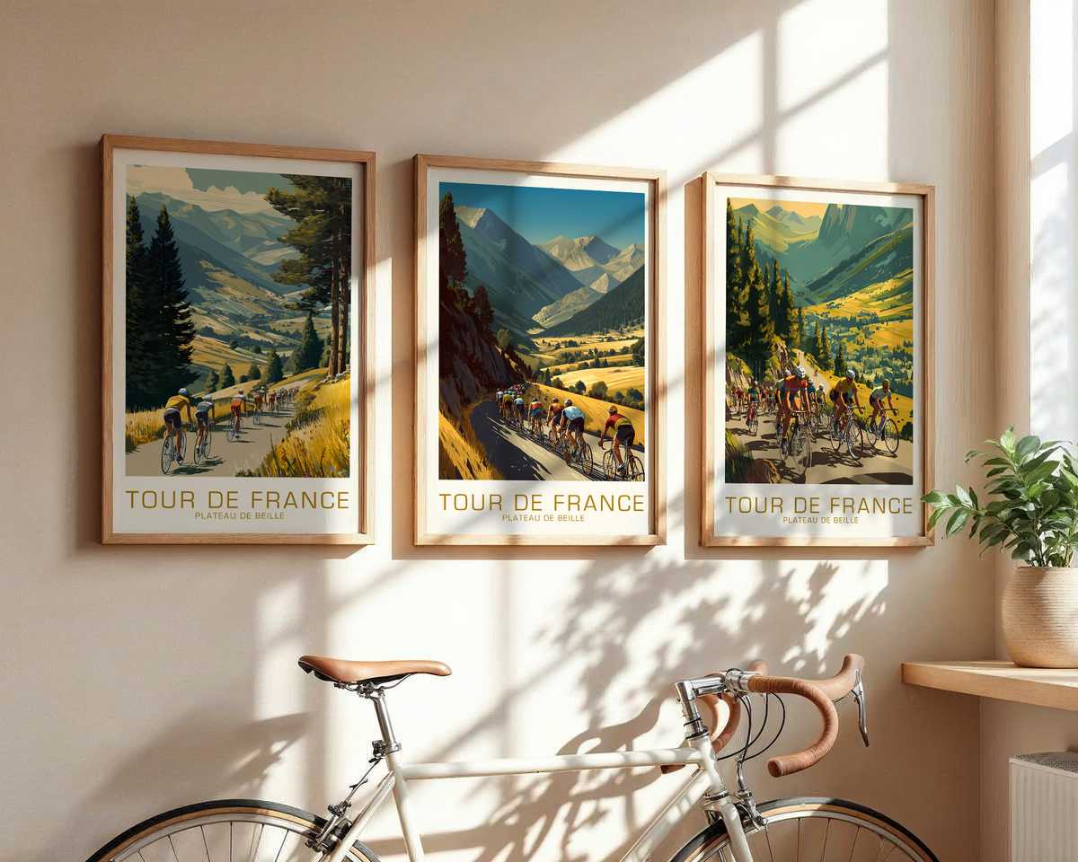 Plateau de Beille Vintage Poster Overview cycling poster displayed as elegant bike racing wall art