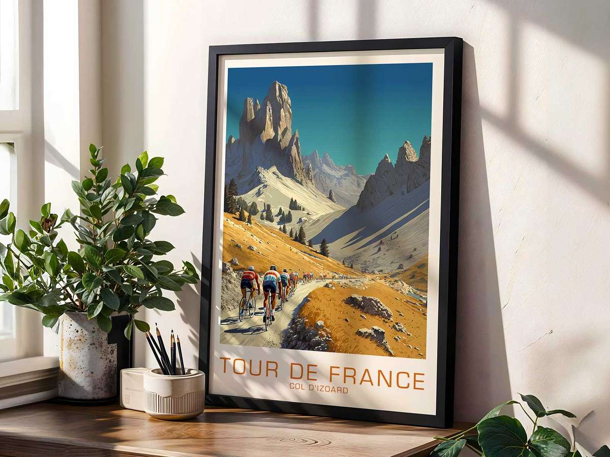 Poster depicting a rider's last push toward the Izoard summit with tense clouds and a cinematic horizon
