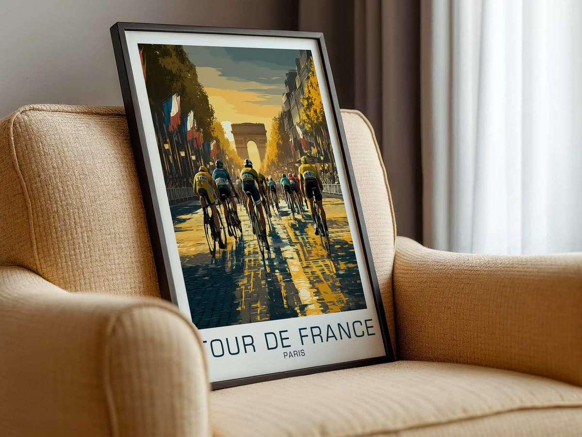 Poster composition that places a lead rider in the foreground as a focal point, with blurred peloton and avenue depth…