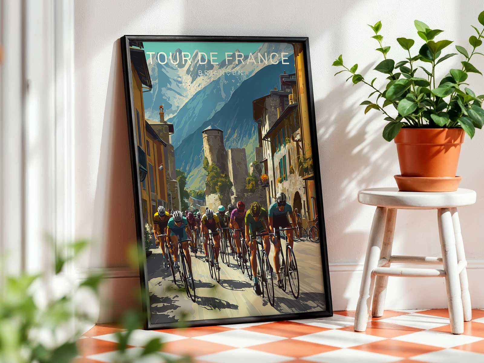 Poster emphasizing the racing frame geometry angling against Briançon ridge to form an architectural structure