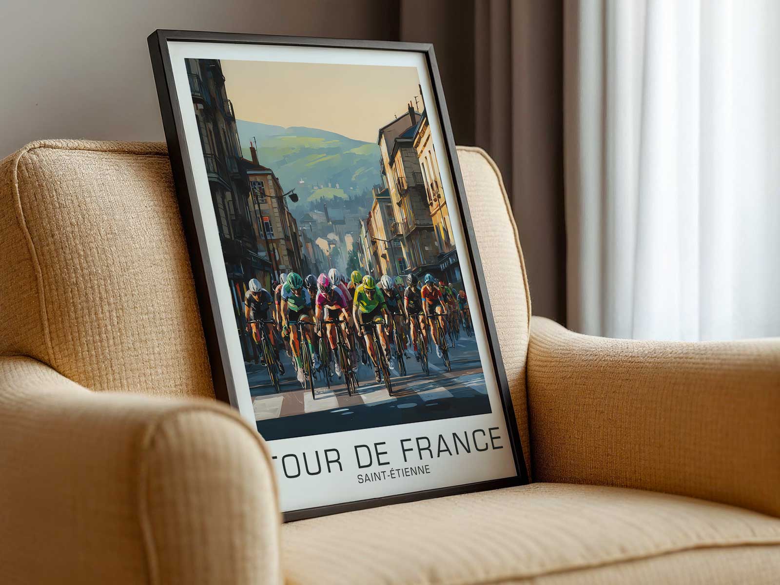 Close-up of a bicycle frame and fork creating diagonal tension within a poster layout