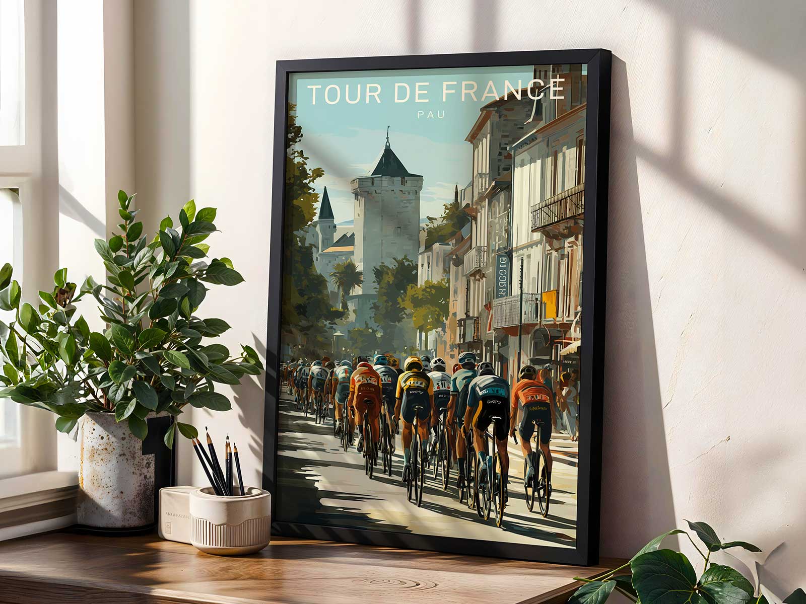 Framed Pau vintage poster displayed in a modern interior, showing how archival posters become sophisticated bicycle wall…