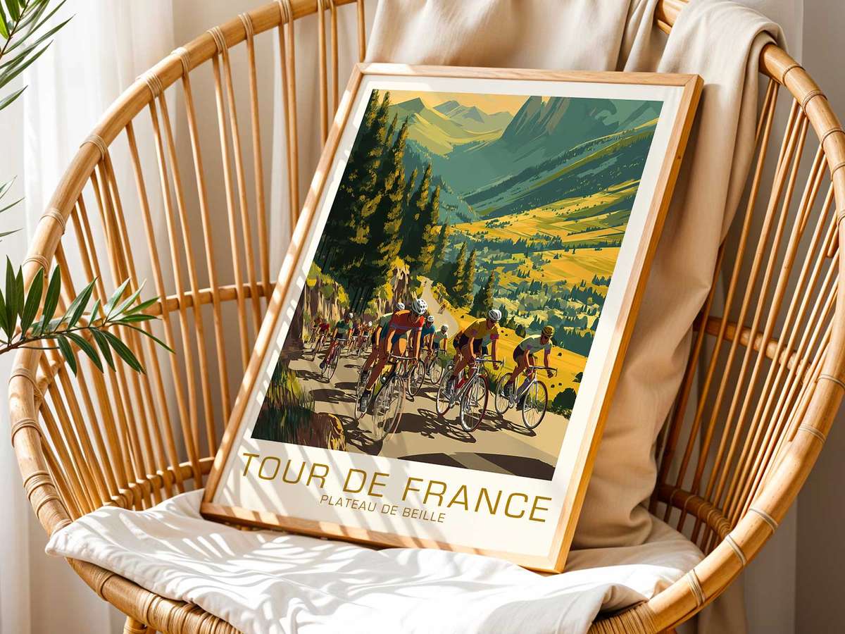 Photorealistic mockup of the Plateau de Beille poster framed on a living room wall, demonstrating scale and habitation