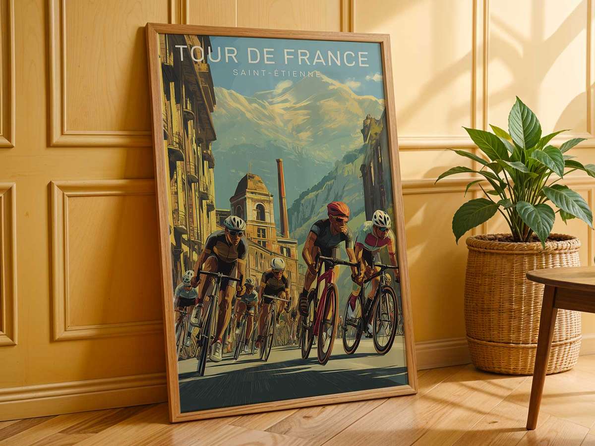 Framed Saint-Étienne poster hung above a minimalist sofa, demonstrating how bicycle framed wall art blends local heritage…