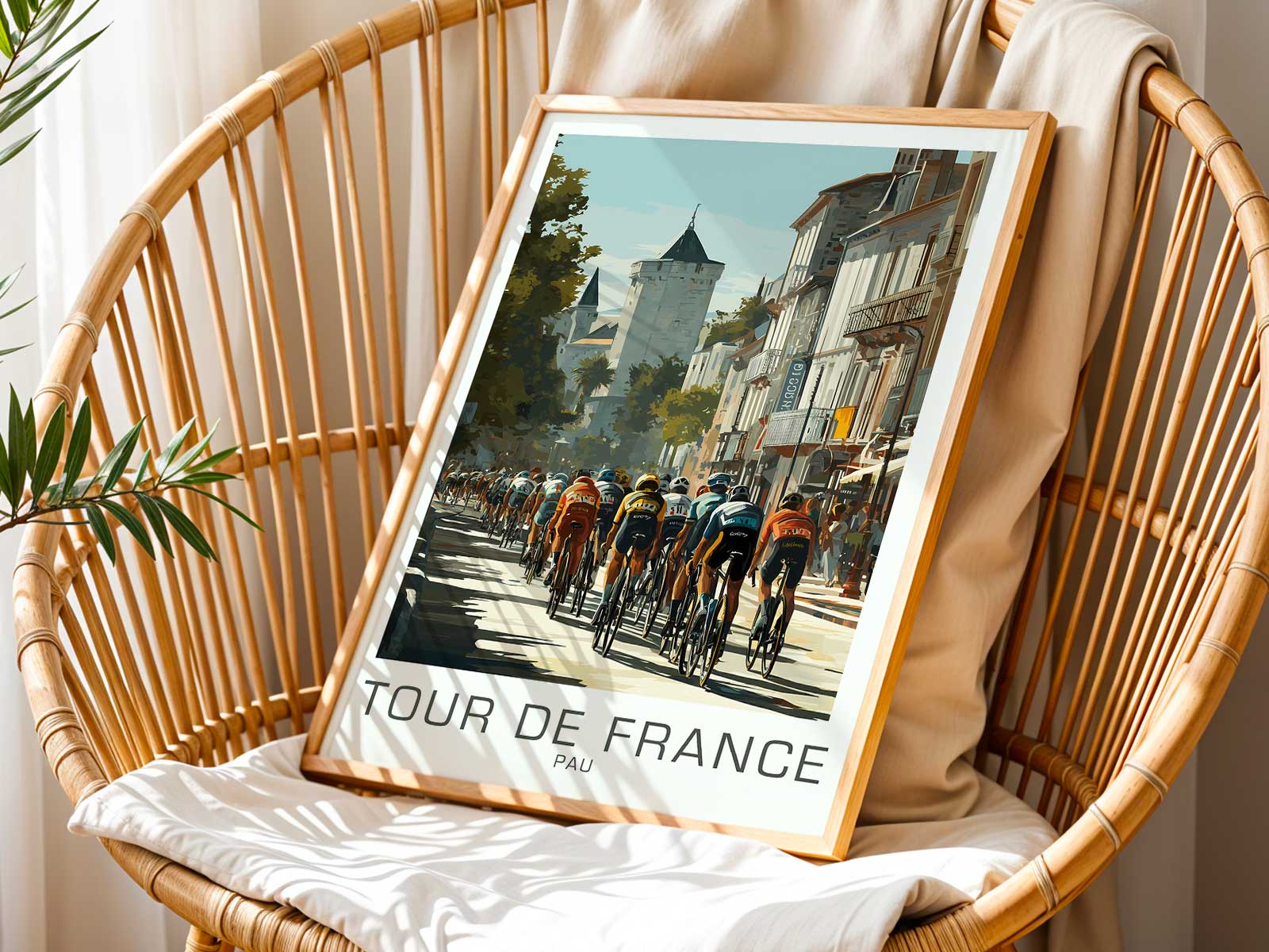Photorealistic mockup of the Plateau de Beille poster framed on a living room wall, demonstrating scale and habitation