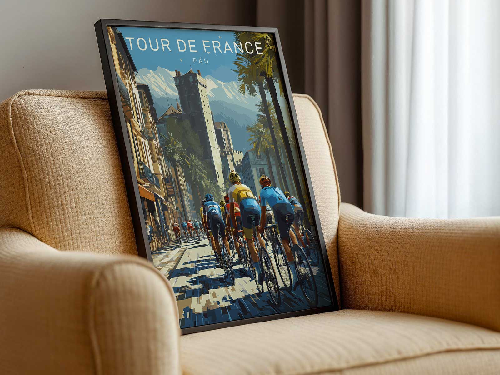 Framed Pau-inspired bicycle poster displayed in a sporty, design-forward living space to show appeal for cycling enthusiasts