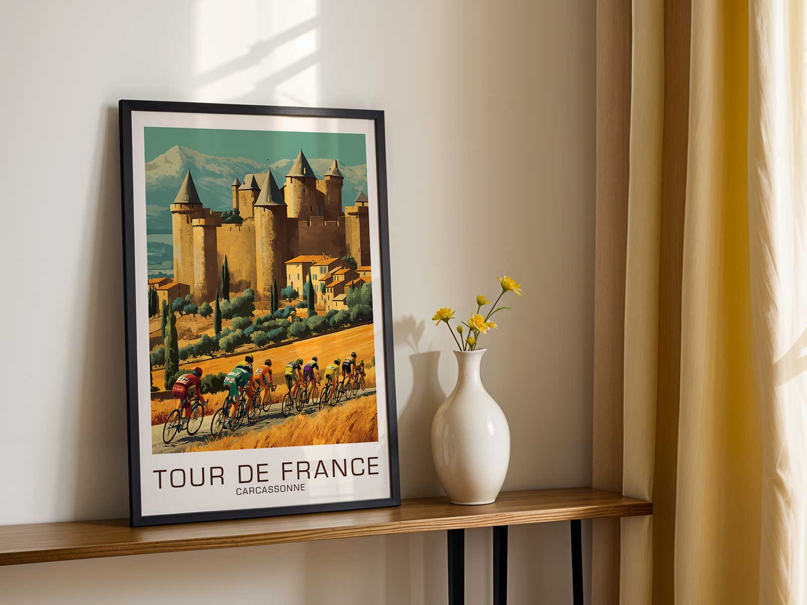 Photograph of the vintage poster framed on a living room wall to demonstrate decorative potential