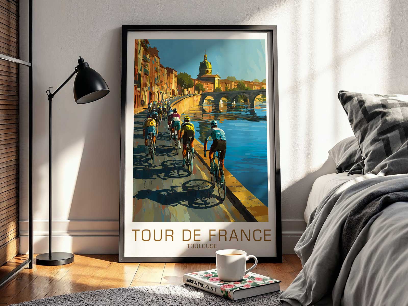 Photograph of the poster framed and displayed on a living room wall, demonstrating its decorative potential beyond sport