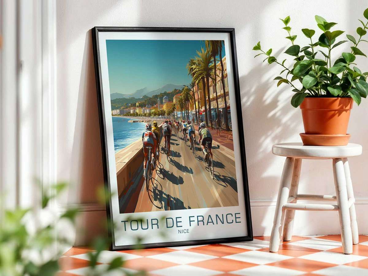 Framed Nice Tour de France poster displayed in a living room, pairing heritage art with contemporary decor