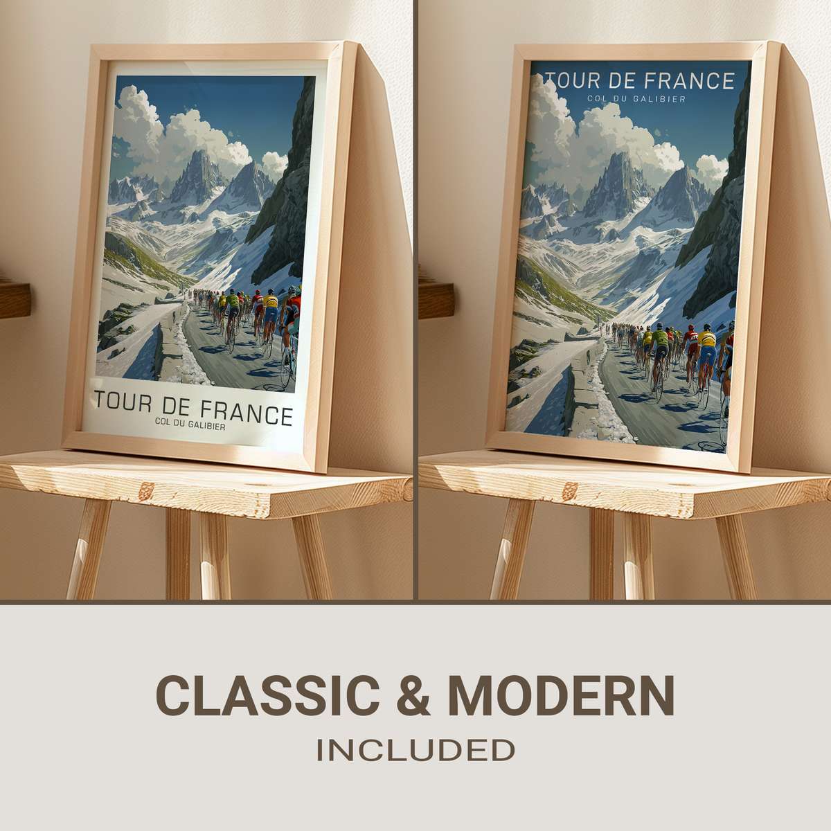 Poster showing Eddy Merckx riding up the Col du Galibier with winding road, high peaks and dramatic sky