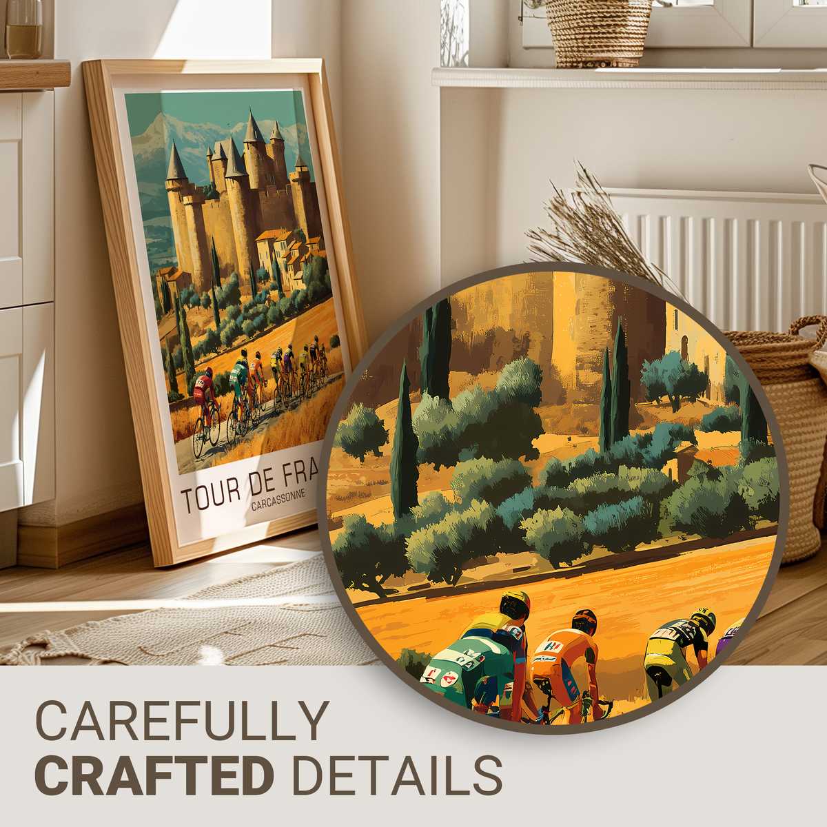 Full vintage Tour de France poster showing Carcassonne skyline with cyclists in the foreground and aged paper texture