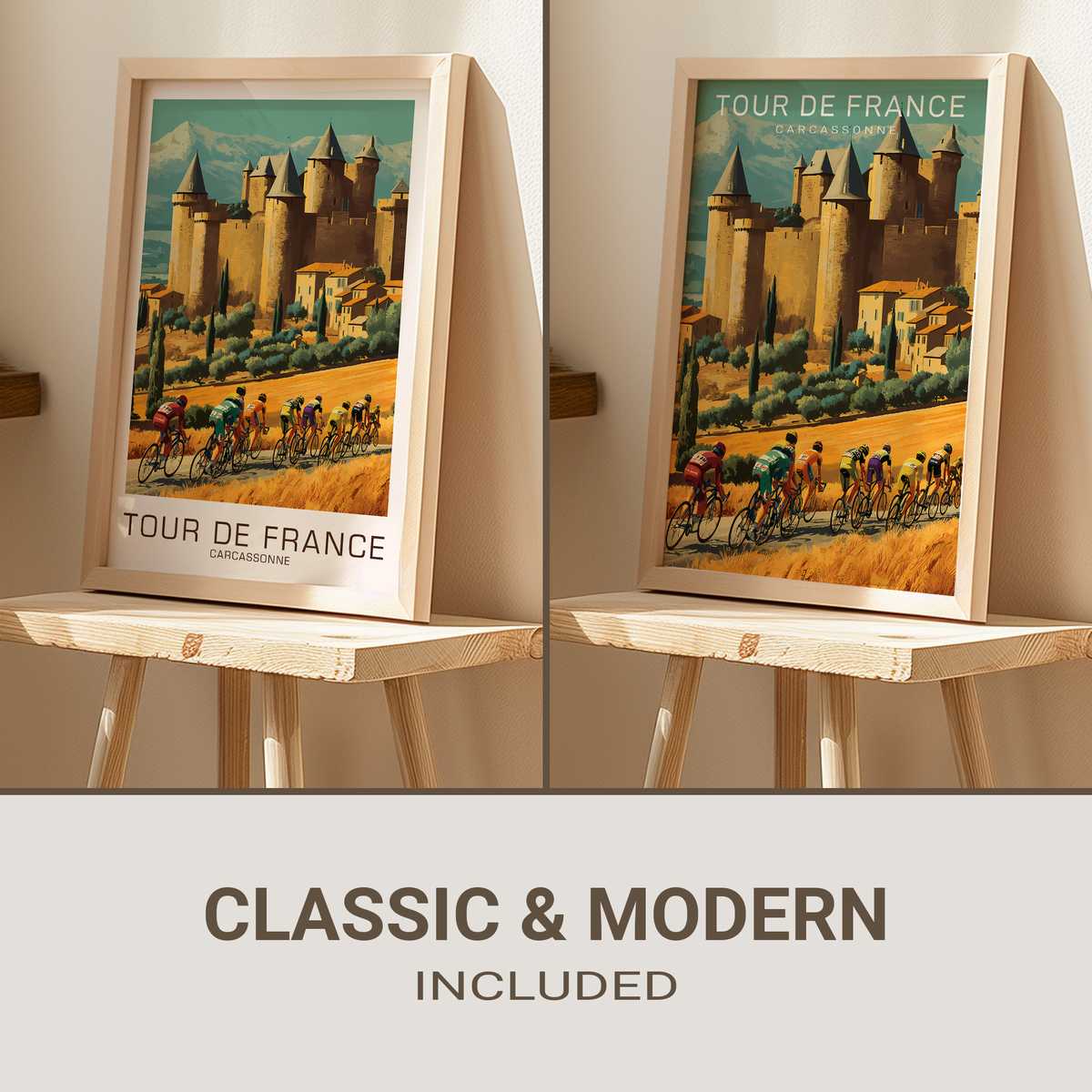 Full vintage Tour de France poster showing Carcassonne skyline with cyclists in the foreground and aged paper texture