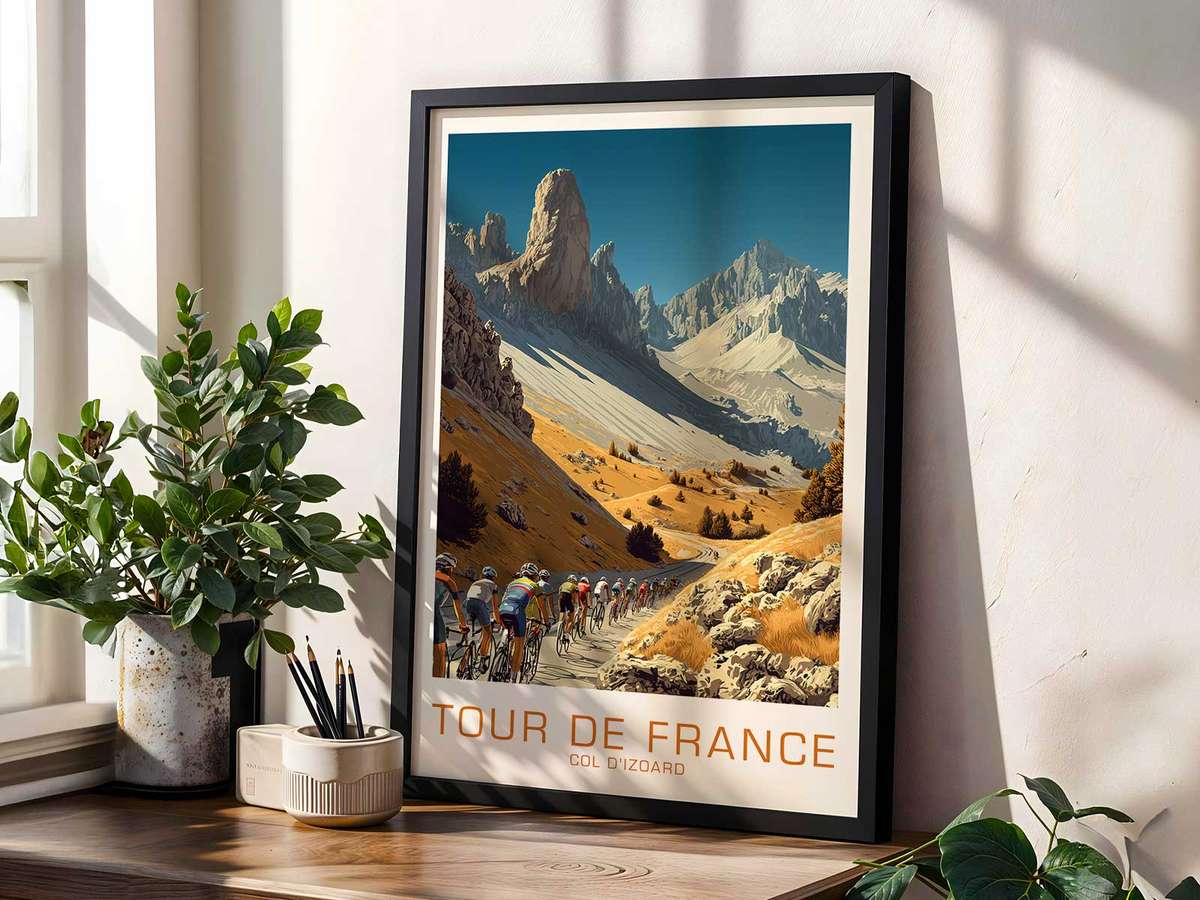 Poster composition highlighting the cyclist's hands and leg motion against graphic lines of the pass, reading gesture over…