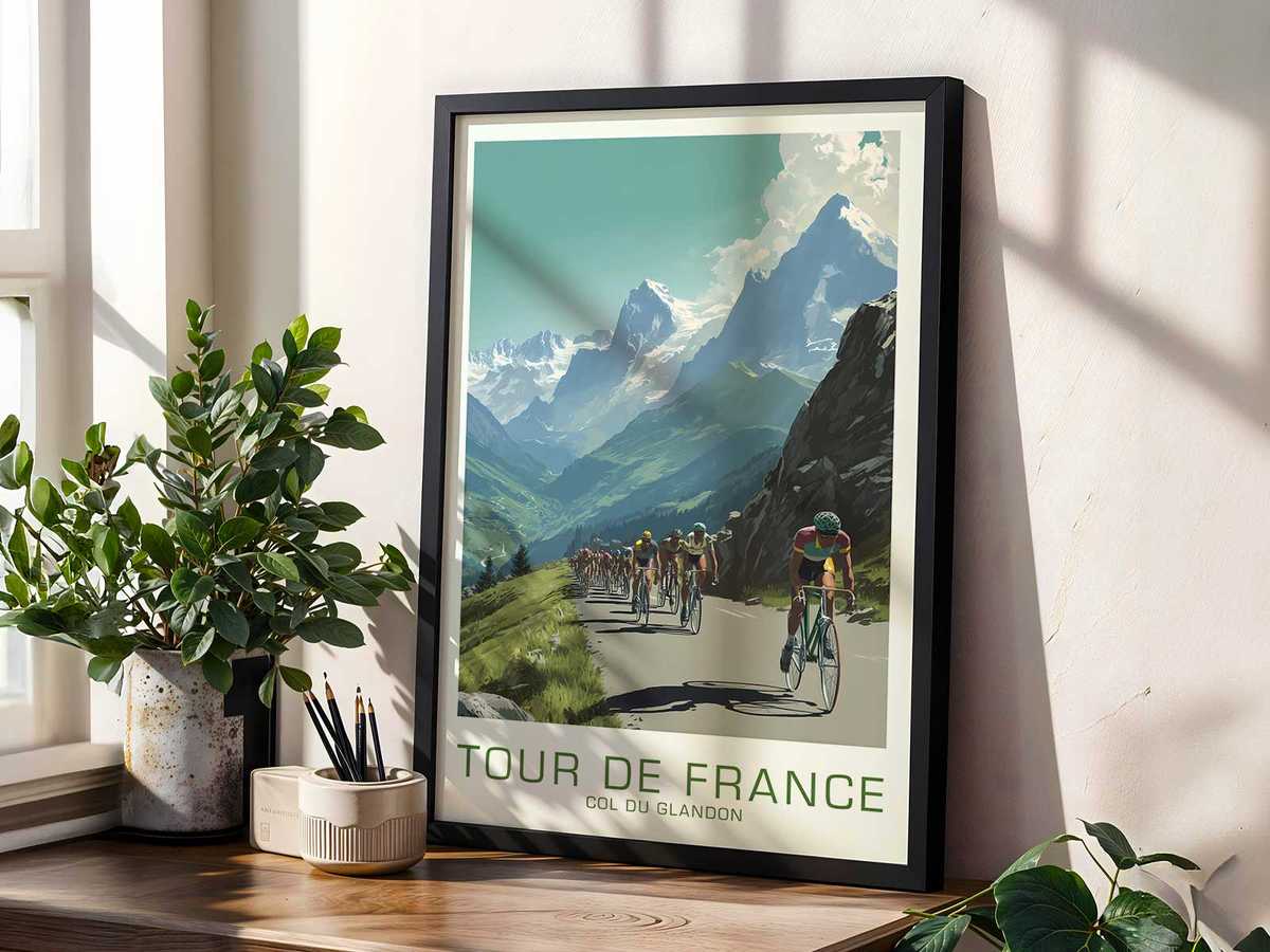 Stylized wall art centered on Glandon Climb Cycling with a inspiring atmosphere