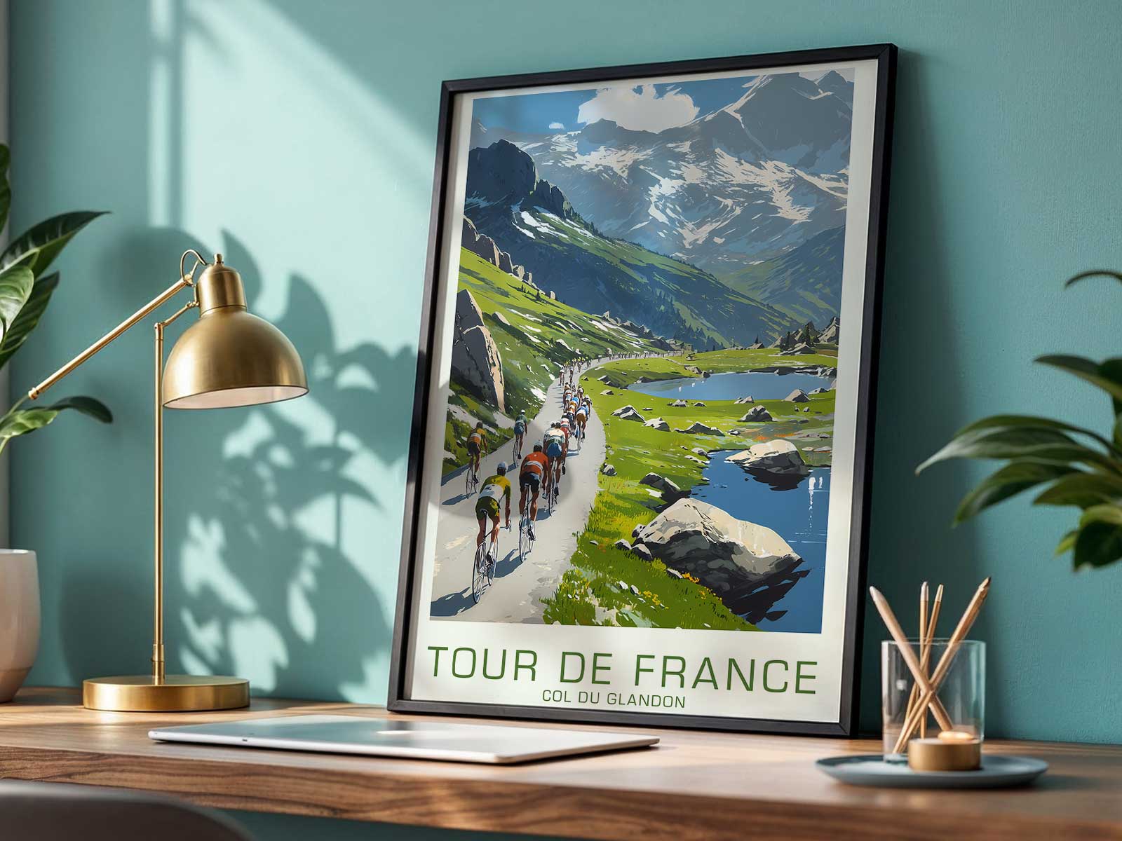Portrait-style view of a cyclist’s exhausted face framed by the alpine backdrop of Col du Glandon