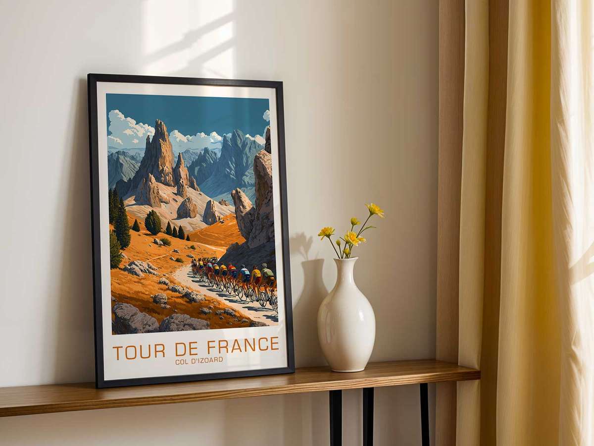Retro poster of cyclists ascending the Col d’Izoard in golden hour light, warm tones and long shadows