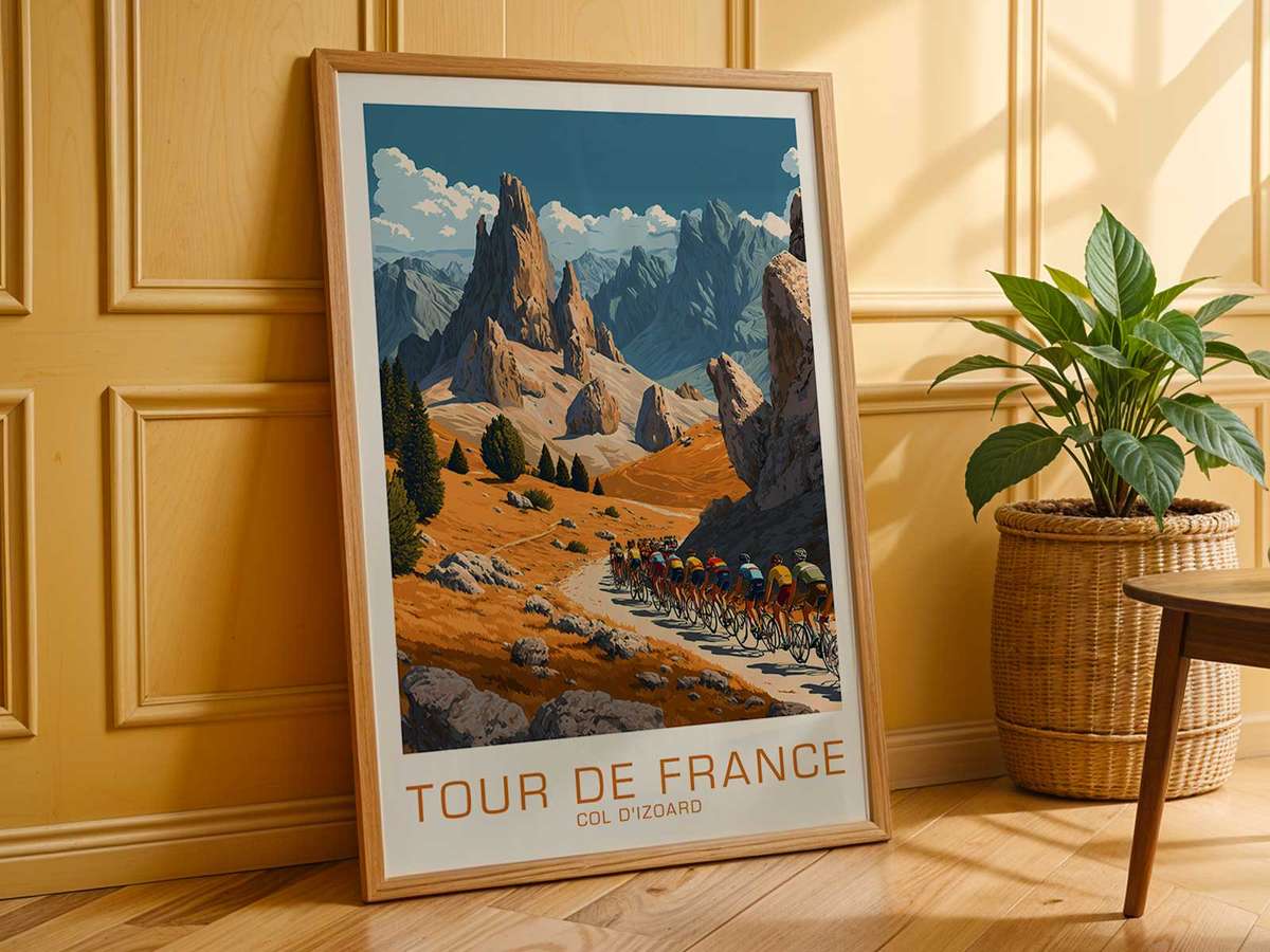 Minimalist retro poster using gradient lines to suggest slope and elevation changes on the Col d’Izoard