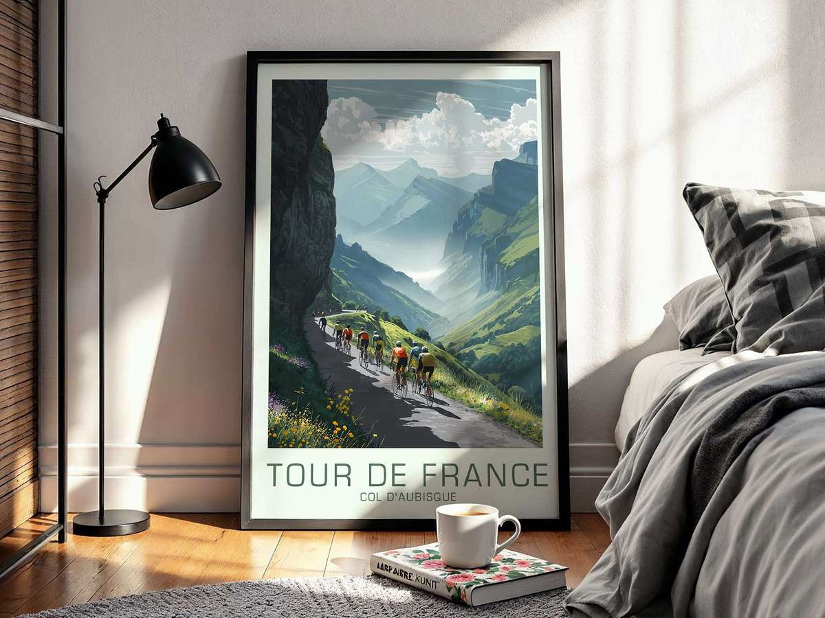 Retro poster detail showing gradient markings and a distance sign on the Col d’Aubisque route to indicate steepness and…