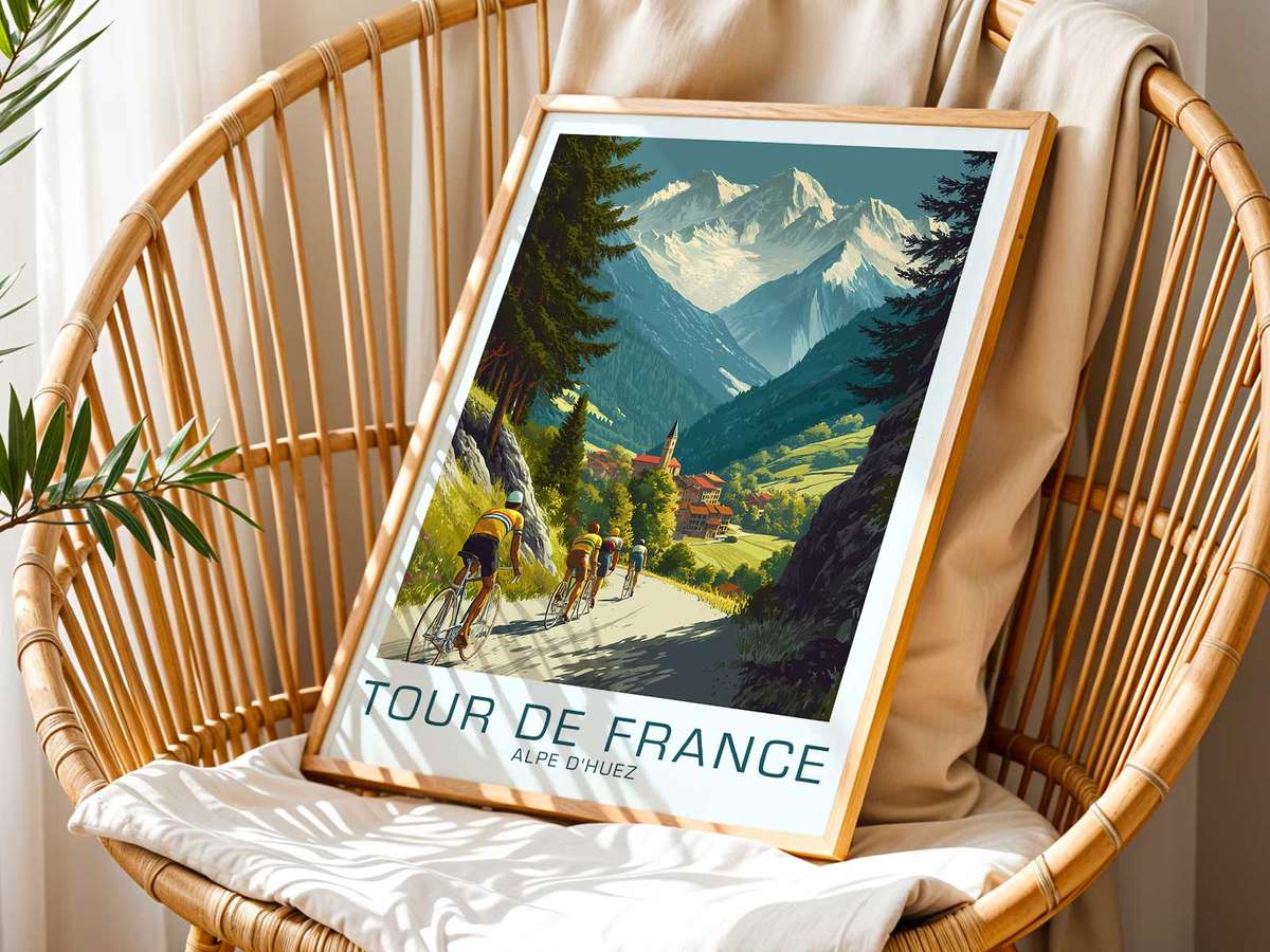 Poster emphasizing gradient sky and changing light above the Alpe d’Huez road to evoke time of day and shifting effort