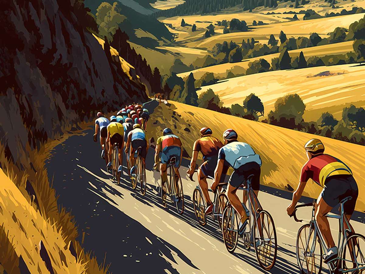 Vintage-inspired Tour de France signage and route markers overlaid on a stylized map of Plateau de Beille